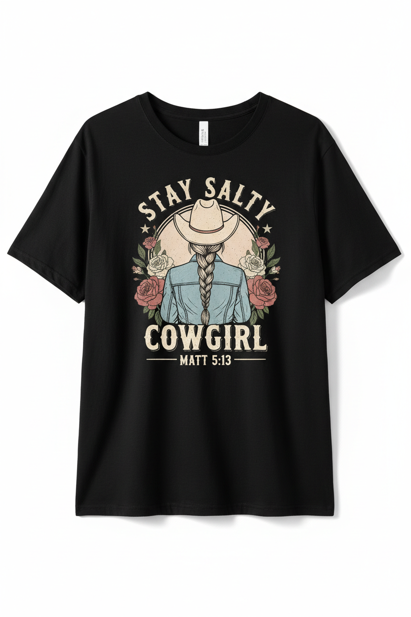 Stay Salty Cowgirl Tee with floral western graphic and Matthew 5:13 scripture, black oversized t-shirt