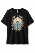 Stay Salty Cowgirl Tee with floral western graphic and Matthew 5:13 scripture, black oversized t-shirt